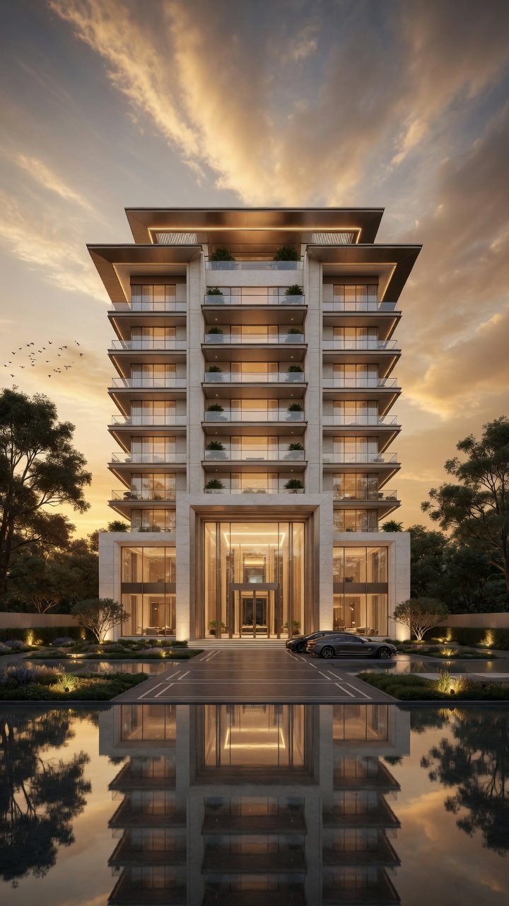 Luxury residential tower concept with reflective water and sunset sky.